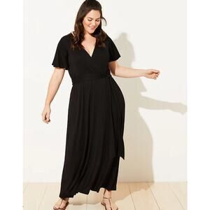 LOFT Beach Black Crossover V-Neck SS Tie Waist Maxi Dress Fluttery 20/22